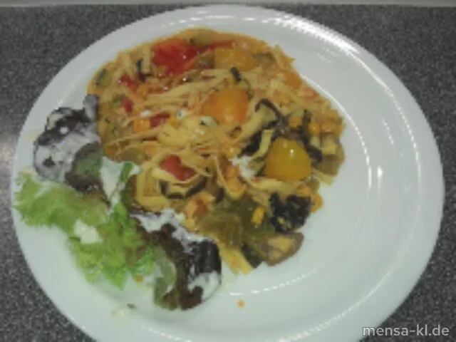 Thailändische Nudelpfanne mit frischem Gemüse, Curry und Ingwer (1,Gl,Ei,Sf,Se,So,V)
