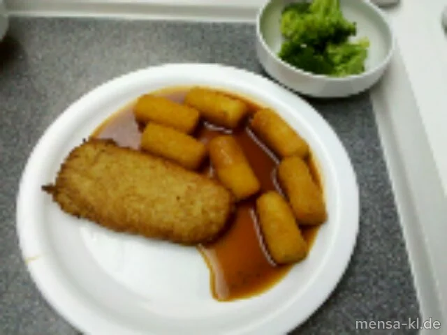 Kartoffel-Cordon bleu mit Frischkäse und Kräutern gefüllt (2,3,V), Kroketten (1,V) und Broccoli-Gemüse (V)