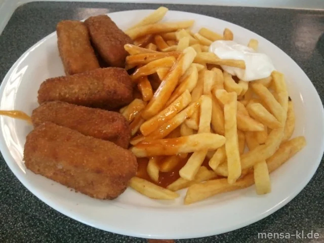 Gemüsekroketten (V) mit Schaschliksoße (V), Pommes-Frites (V) und Salat (V)