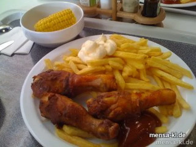 Gebackene Chicken Drums (3), Pommes-Frites und Buttermais