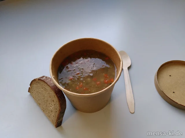 Linseneintopf (1,5,Gl,Sw,Sl), dazu eine Scheibe Bauernbrot (Gl)