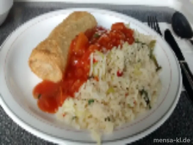 Frühlingsrolle (V) mit süß-sauer-Soße (1,V), chinesischer Gemüsereis (V) und Salat (V)