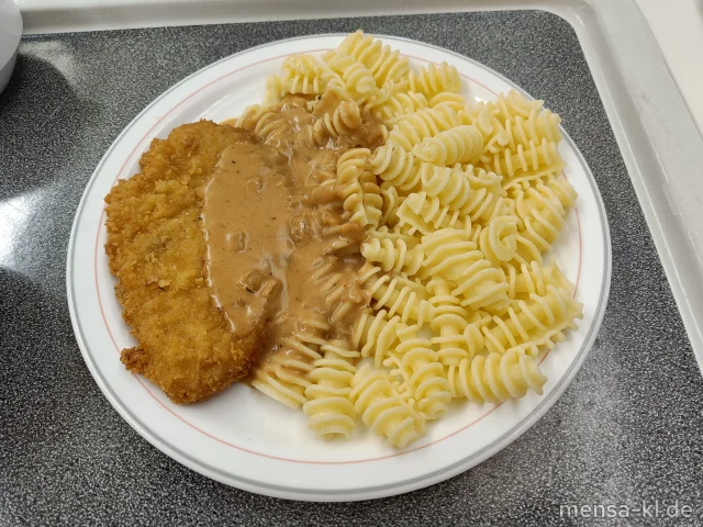 Paniertes Schweineschnitzel (Gl,S) mit Zwiebel-Rahmsoße (La), Eiernudeln (1,Gl,Ei) und Salat (La)
