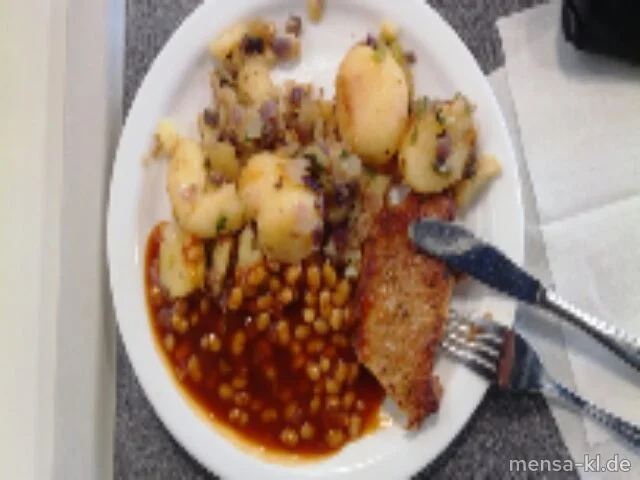 Schweinerückensteak (Sf,S) mit Baked-Beans (Sl) und Gaucho-Kartoffeln