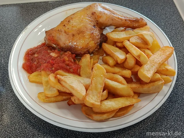 Gebratene Hähnchenkeule (Sf,G) mit Mexikana-Salsa, Steakhouse-Fries und Weißkrautsalat "Coleslaw" (1,5,Sw,Sf)