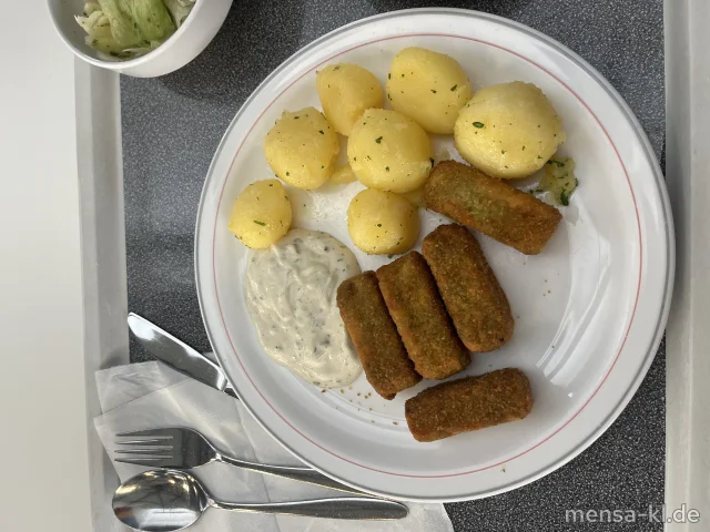 Gemüse-Nuggets (Gl,Sl) mit Remoulade (9,Gl,Nu,Sf), Petersilienkartoffeln (1) und Salat