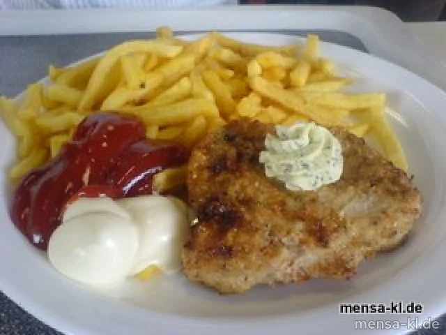 Schweinerückensteak mit Kräuterbutter, Pommes-Frites und Salat