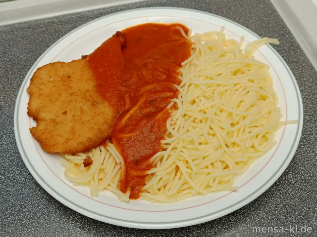 Hähnchenbrust-Piccata (Hähnchenschnitzel mit Parmesan-Panade (Gl,La,G) mit Tomaten-Basilikum-Soße (Gl), Spaghetti (Gl) und Salat