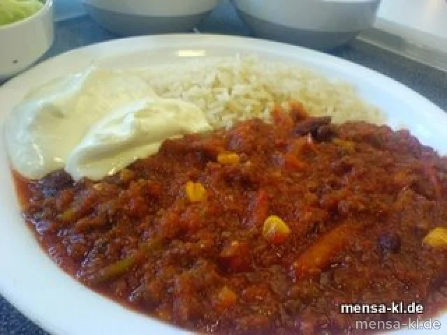 Chili-Con-Carne (R/4) mit Sour Cream, Reis, Tacco-Chips (4) und Salat