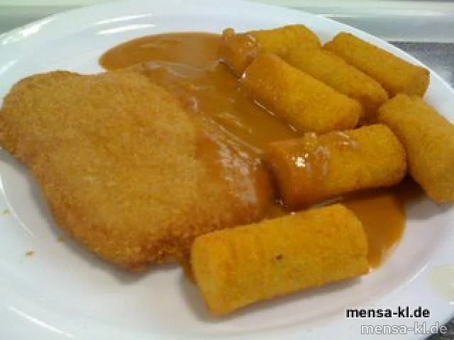 Paniertes Schnitzel (S) mit Rahmsoße, Kroketten (1) und Salat