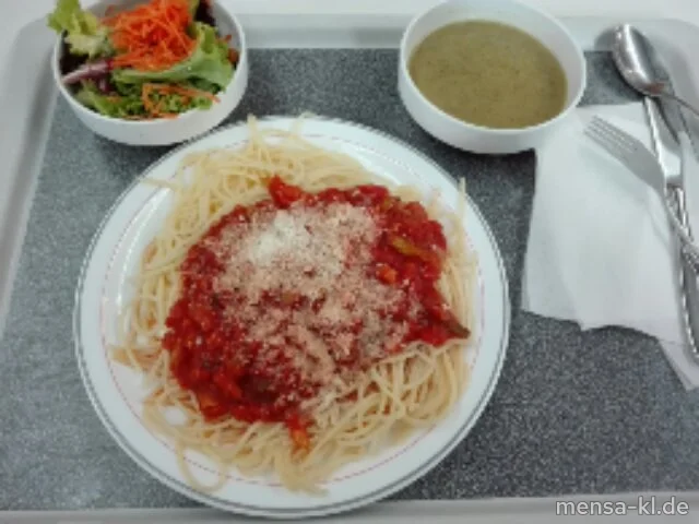 Spaghetti (1,Gl,V) mit Gemüsebolognese (Sl,V), Grana Padano (2,Ei,La,V) und Salat (V)