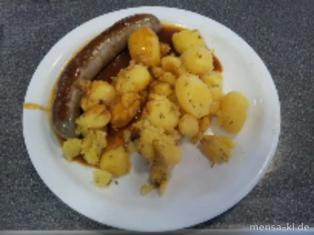 Grobe Wildschwein-Bratwurst (3,4,8,W) mit gebackenen Kartoffeln