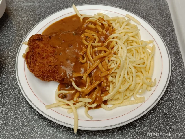 Paniertes Schweineschnitzel (Gl,Ei,S) mit Pfefferrahmsoße (1,Gl,La,Sf), Eierspätzle (1,Gl,Ei) und Salat