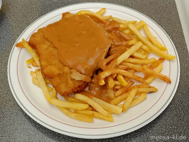 Paniertes Schweineschnitzel (Gl,Ei,S) mit Zwiebelrahmsoße (Gl,La), Pommes frites und Salat