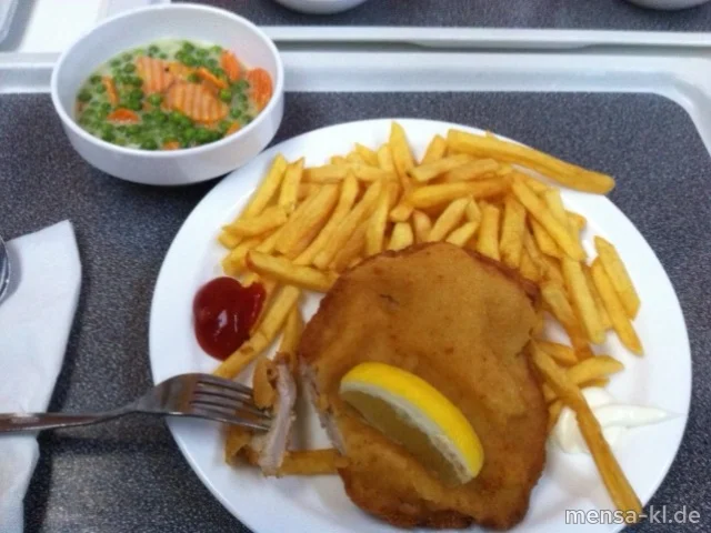 Paniertes Schweineschnitzel "Wiener Art" mit Pommes-Frites und Erbsen-Karotten-Gemüse