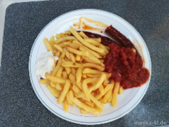 Zwei Merguez (französische Wurstspezialität) (1,2,3,Sf,R,L) mit Harrisa-Dip und Pommes frites