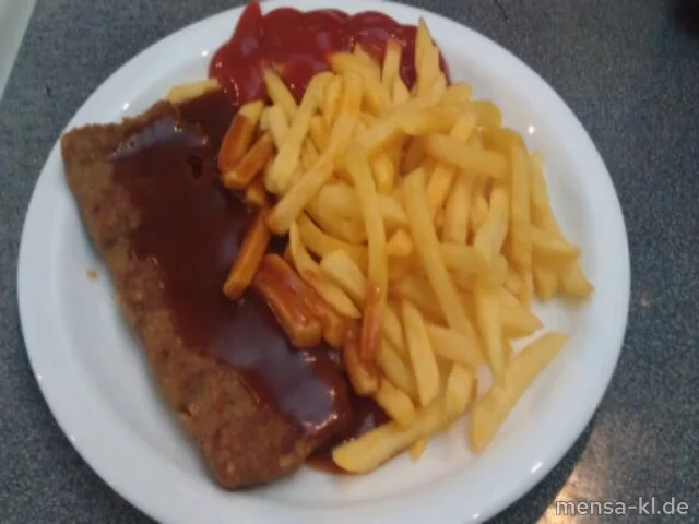 Ribsteak von Schweinehackfleisch (4,8,S,Lfrei) mit Barbecuesoße (1,4,Lfrei) und Pommes frites (Lfrei)