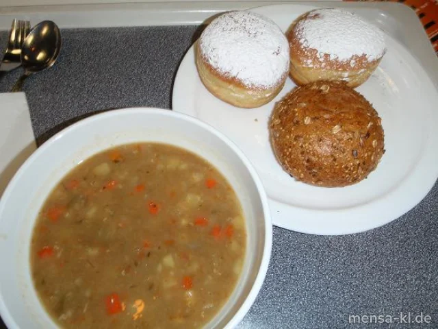 Linseneintopf, dazu ein rustikales Weizenbrötchen und zwei gefüllte Berliner