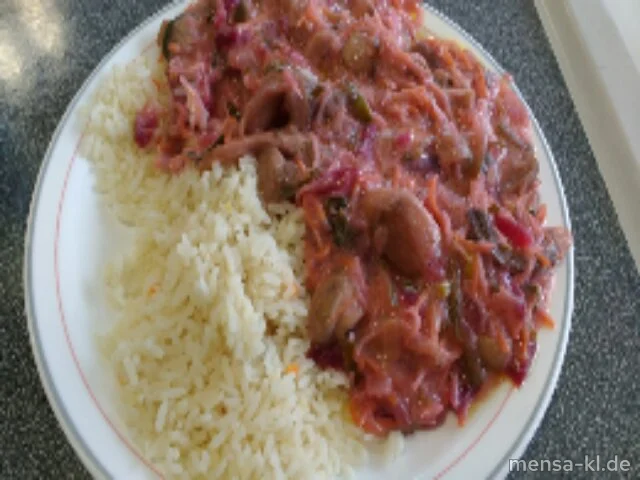 Pilz-Stroganoff mit Gemüse-Pilaw (1,9,Gl,Sl,So,V,V+), Reis (V,V+)