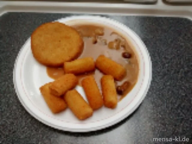 Blumenkohl-Käse-Medaillon (V) mit Waldpilz-Rahmsoße (V,A), Kroketten (1,V) und Erbsen-Karotten-Gemüse (V,A)