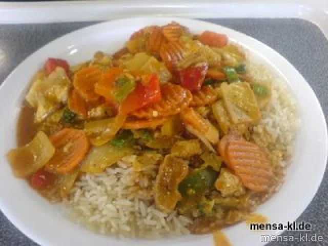 Frisches Gemüse mit Entenbruststreifen "Thai-Red-Curry" (3), Reis