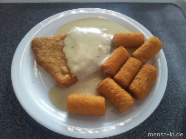 Paniertes Schnitzel (S) mit Frischkäse-Kräutersoße, Kroketten (1) und Salat