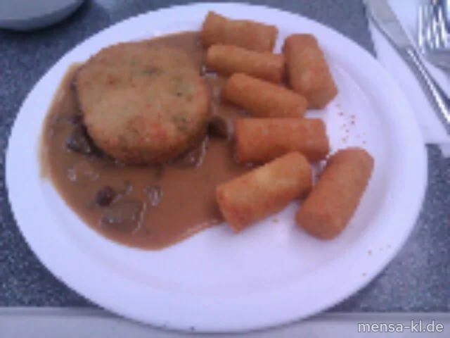 Gemüsekrustie (2,V) mit Pilzsoße (V), Kroketten (1,V) und Salat (V)