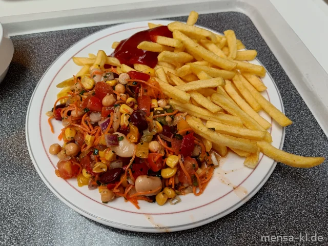 Bunter Gemüsesalat (1,3,5,Sw,Sf) mit Pommes frites und Salat