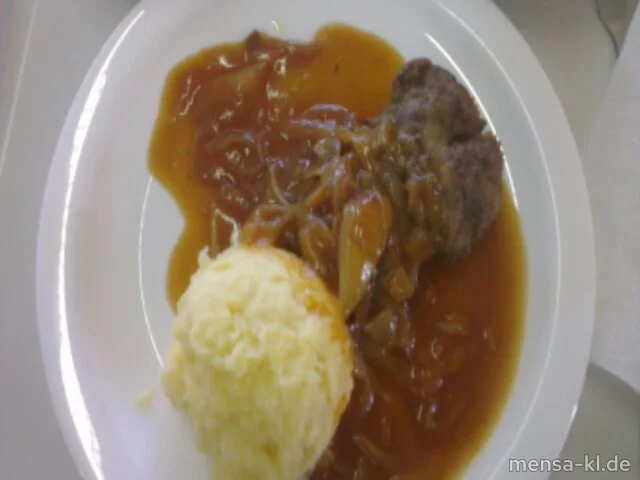 Pfälzer Fleischküchle (R,S) mit Schmorzwiebelsoße, Grumbeer-Stampes und Endiviensalat
