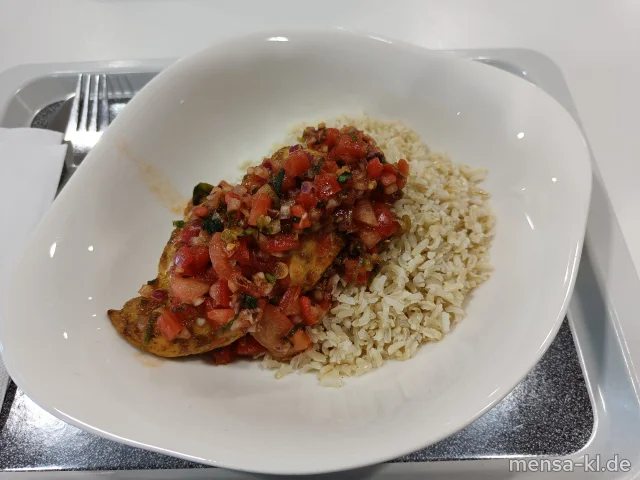 Hähnchenbrust(G) mit Wassermelonen-Salsa(La) und Vollkornreis