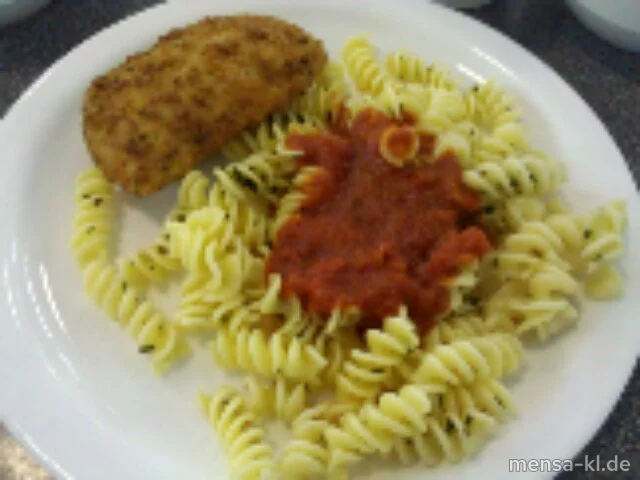 Schnitzel "Valess Toscana" (V) mit Basilikum-Nudeln (V) und Salat (V)