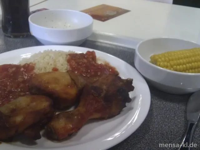 Gebackene Chicken Drums (3), Salsa, Reis und Buttermais
