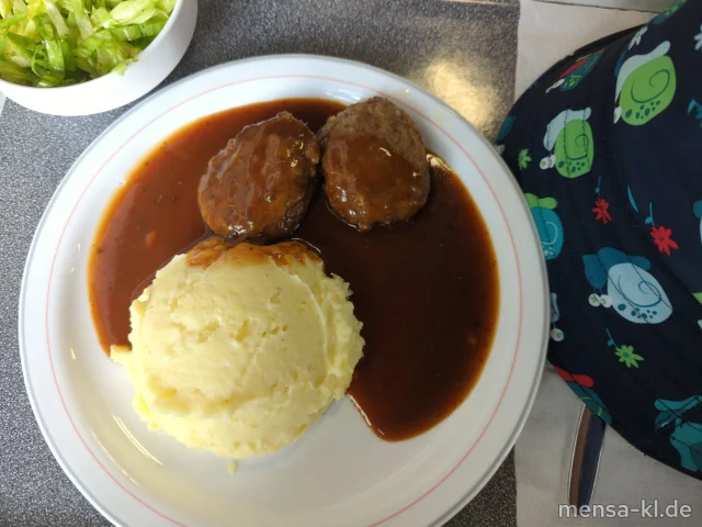 BIO Rindfleischfrikadellen (Gl,Ei,R) mit Bratenjus, Kartoffelstampf (5,La,Sw) und Endiviensalat