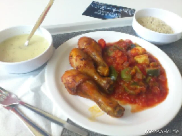 Frische Chicken Drums (3,G) mit italienischem Schmorgemüse, dazu Reis mit Wildreis