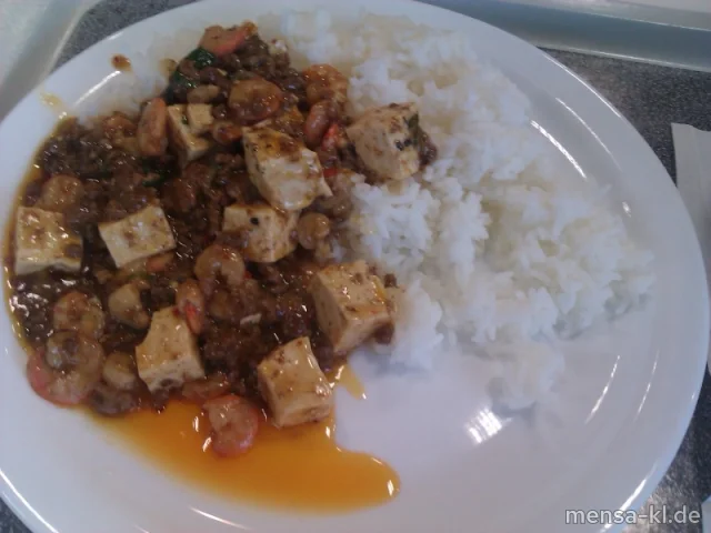 "Mapo Doufu" [Hackfleisch (S/R) mit Shrimps und Tofu], Duftreis
