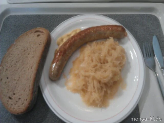 Pfälzer Saumagenbratwurst (2,8,S,4) mit Sauerkraut (A) und Bauernbrot