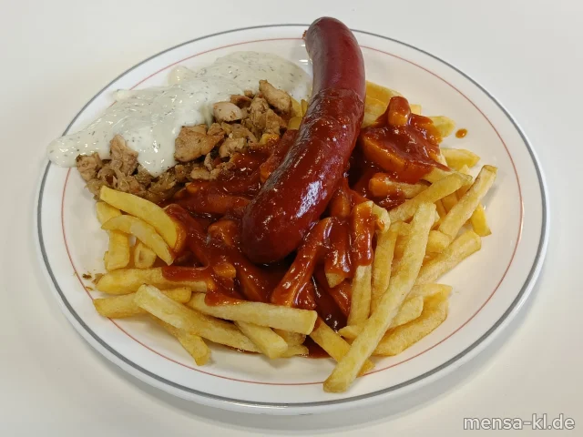 Pfannengyros vom Hähnchen (G) und Currywurst (1,2,3,8,9,Gl,Sf,R,L), dazu Tzatziki (Gl,Nu,Sf), Pommes frites und Krautsalat (1,5,Sw)