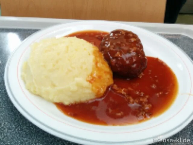 Pfälzer Fleischküchle (R,S) mit Zwiwelsoße (A), Grumbeer-Stampes und Salat