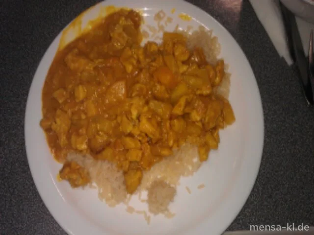 Hähnchencurry (G) 'Bombay' mit Ananas, Banane und Pfirsich, Reis