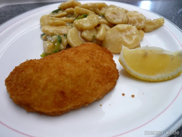 Schnitzel 'Valess Gouda' (1,2,V) mit steirischem Kartoffelsalat (V), dazu Salat (V)