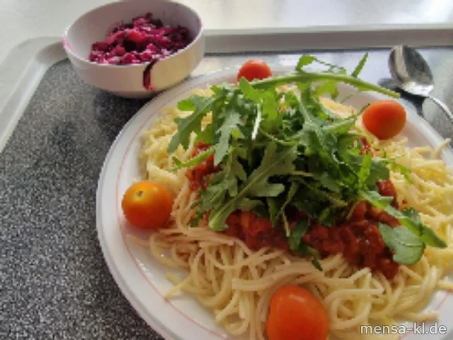Gemüsebolognese (Sl), Rucola und Kirschtomaten, Spaghetti (Gl) und Rotkrautsalat (1,5,Sw)