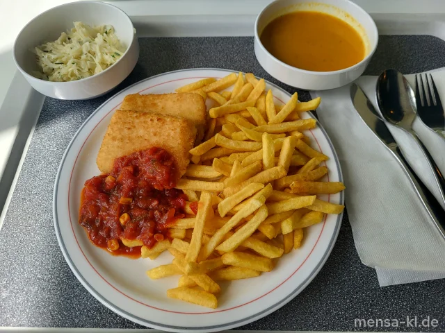 Gebackener griechischer Hirtenkäse (Gl,La) mit Pusztasoße (9,Sl), Pommes frites und Salat