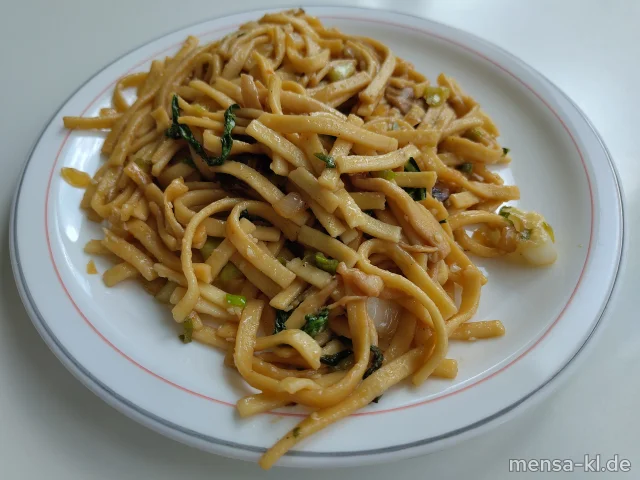 Tagliolini Asia Style mit Shiitake, Buchenpilze, Pak Choi, Teriyakisoße und Sesam (1,5,Gl,Sw,Se,So), dazu Salat