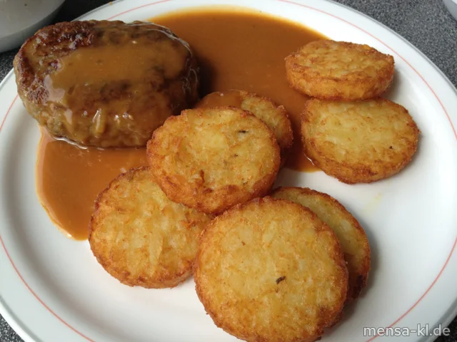 Große Frikadelle (R,S) mit Rahmsoße, Röstinchen und Salat