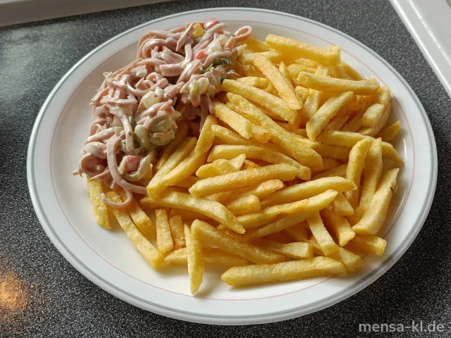 Bunter Wurstsalat in Senfdressing (1,2,3,5,8,9,Gl,Ei,La,Sw,Sf,S), dazu Pommes frites und Salat (Sl)