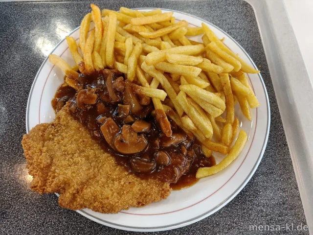Paniertes Schweineschnitzel (Gl,S) "Jäger Art" (2,Sf,S) mit Pommes frites und Salat