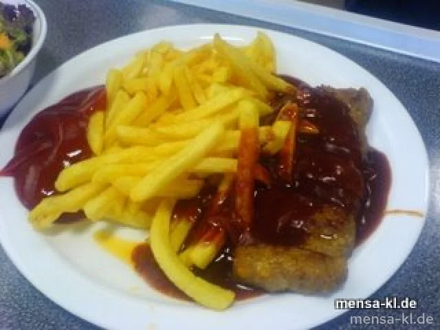 Ribsteak von Schweinehackfleisch, Barbecuesoße (1) und Pommes-Frites