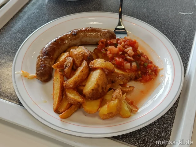 BIO Bratwurst (Ei,R,S) mit Salsa-Dip, Potato-Wedges und ein Beilagensalat nach Wahl