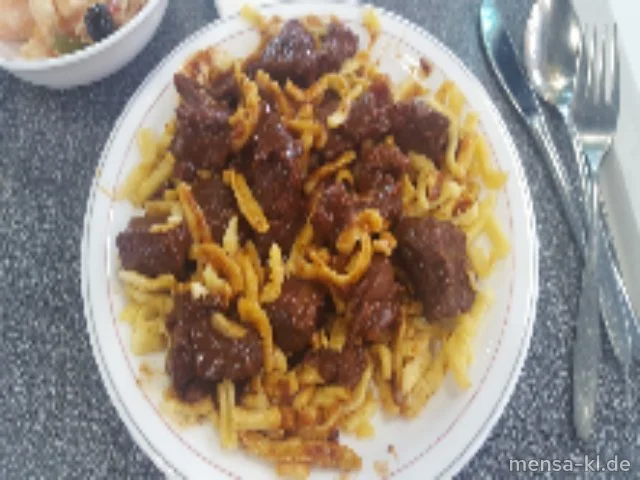 Hirsch-Ragout (1,5,Gl,Sw,Sl,A,W), Spätzle (Gl,Ei,La)