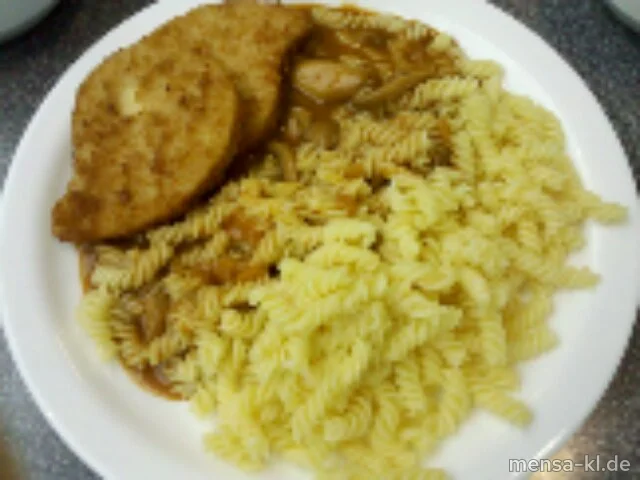 Schnitzel "Valess" Jäger Art (3,V), Eiernudeln (V) und Salat (V)